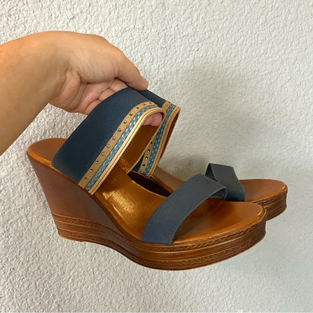 Italian Shoemakers Navy and Tan Wedge Sandals